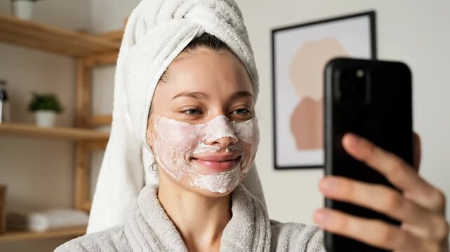 A young woman with a towel on her head and a bathrobe applies a face mask while taking a selfie with her phone vector illustration