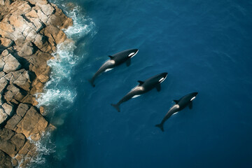 Fototapeta premium Orcas swimming gracefully in deep blue ocean near rocky coastline. concept of marine wildlife, oceanic habitat, sea animal beauty