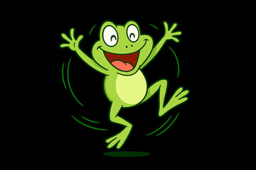 Obraz premium Joyful cartoon frog spinning happily with expressive pose on black background. concept of fun, playfulness, vibrant illustration.