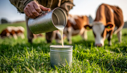 Fototapeta premium Man pouring fresh milk into a container on a farm with grazing cows in the background