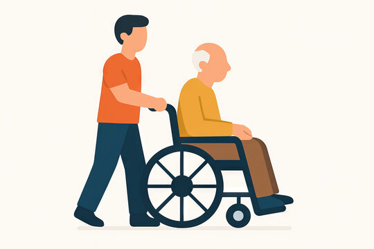 Illustration of a young man assisting an elderly person in a wheelchair for elderly care and support concept