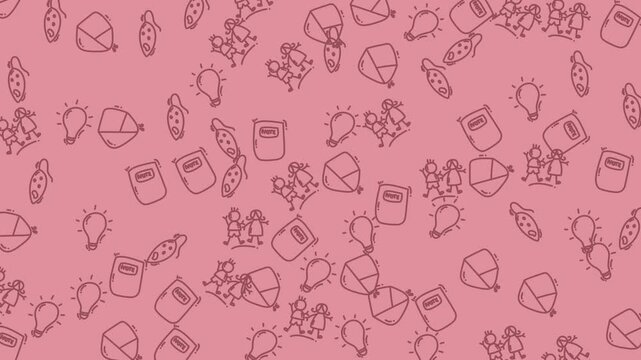 Background featuring whimsical drawings of children, lightbulbs, notebooks, and kites. Perfect for educational materials, childrens books, or schoolthemed designs.