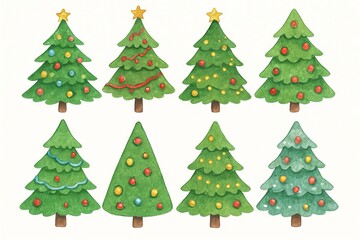 Fototapeta premium Whimsical watercolor trees with colorful ornaments illustration for seasonal decor and holiday spirit concept of artistic trees festive charm unique holiday artwork, SET