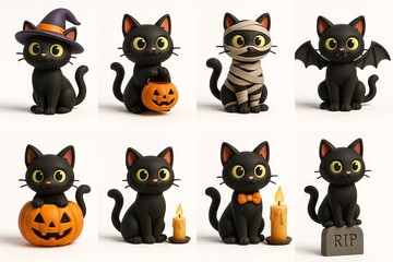 Fototapeta premium Halloween black cats with costumes and accessories including witch hat, mummy wrap, vampire wings, jack-o-lanterns, candles, and tombstone illustration, SET