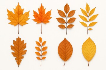 Fototapeta premium Autumn leaves and branches in simple composition featuring various shapes and colors in an artistic nature arrangement for seasonal decor inspiration, SET