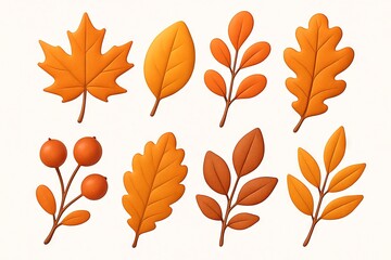 Naklejka premium Autumn leaves and branches illustration featuring maple, oak, and berry elements in warm orange hues. concept of fall decor, seasonal nature art, botanical design, SET
