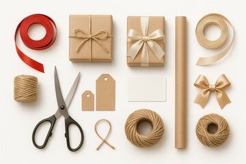 Set of packaging items with kraft paper, ribbons, gift tags, and scissors for creative gift wrapping and crafting projects, SET