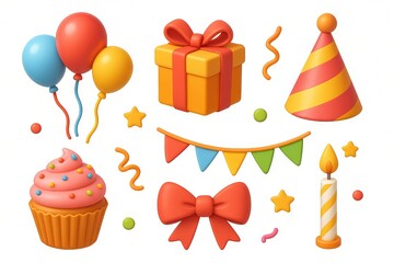 Colorful birthday celebration elements with balloons, gift box, cupcake, and party hat illustration. concept of festive decor, joyful celebration, happy occasion, SET