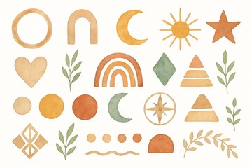 Minimalist watercolor elements set featuring crescent, sun, star, rainbow, heart, geometric shapes, and leaves. concept of simple composition, artistic design, modern decor, SET