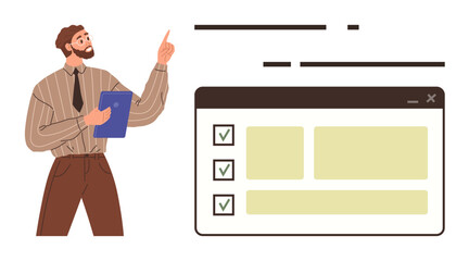 Businessman holding clipboard pointing to online checklist with progress tasks highlighted. Ideal for task organization, project management, productivity, planning, collaboration, accountability