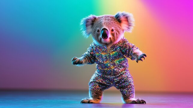Playful koala in retro style outfit dancing with colorful background. concept of fun wildlife, disco fashion, vibrant animal expression, copy space