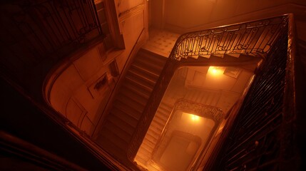 Ornate spiral staircase descends into a warm, dimly lit hall.