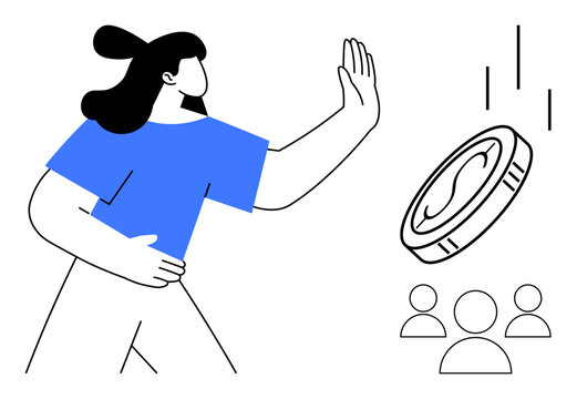 Woman gesturing to refuse falling coin, emphasizing values over wealth. Ideal for financial ethics, rejecting bribes, corruption awareness, integrity, moral decision-making, honesty, simple flat