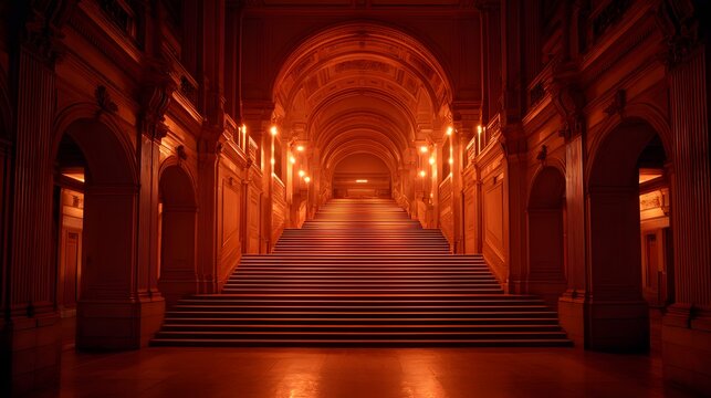 Grand staircase recedes into an illuminated, arched hallway.