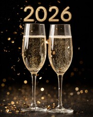 Champagne glasses with golden 2026 numbers on black background, festive editorial image highlighting new year celebration, luxury culture, and the elegance of modern event photography