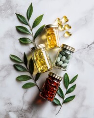 Essential oil bottles with cinnamon sticks and pinecones on marble surface, editorial flat lay highlighting seasonal wellness, aromatherapy, and the natural culture of cozy self care lifestyle