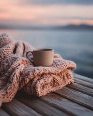 Cup of coffee resting on cozy blanket with sunrise light by the window, editorial lifestyle image highlighting warmth, relaxation, and the comforting charm of peaceful slow mornings