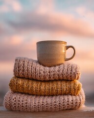 Stack of cozy sweaters with coffee mug on top in warm light, editorial lifestyle composition highlighting comfort, relaxation, and the gentle charm of cozy mornings