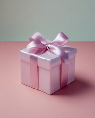Pink gift box with satin bow on pastel background, minimalist festive composition highlighting elegance, romance, and the charm of modern celebration culture
