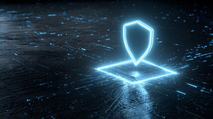 Glowing blue shield protects digital circuit board with light trails.