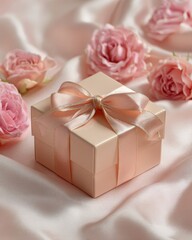 Gift boxes with ribbons and roses on soft pastel surface, editorial flat lay highlighting celebration, romance, and the elegant charm of modern gift giving culture