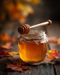 Honey jar with dipper surrounded by warm light and bokeh background, editorial food composition highlighting comfort, sweetness, and the cozy charm of homemade tradition culture