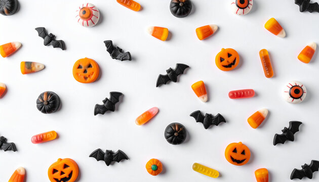 Flat lay of assorted Halloween candies evenly spaced on a clean white surface