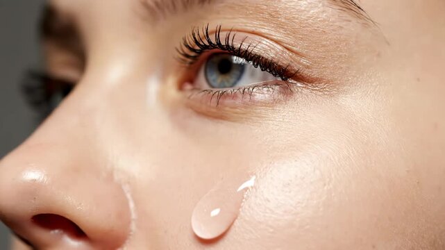 Closeup of a womans eye and cheek as a dropper applies a clear serum, highlighting skincare and beauty vector illustration
