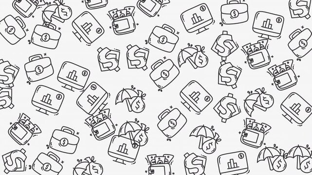 Finance doodle seamless pattern with cartoonish financial icons ideal for playful backgrounds and financerelated designs. Perfect for financial presentations and websites.