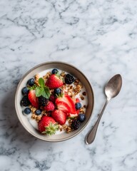 Strawberries and honey arranged on vibrant yellow background, minimalist food flat lay highlighting freshness, natural sweetness, and the cheerful charm of modern fruit photography