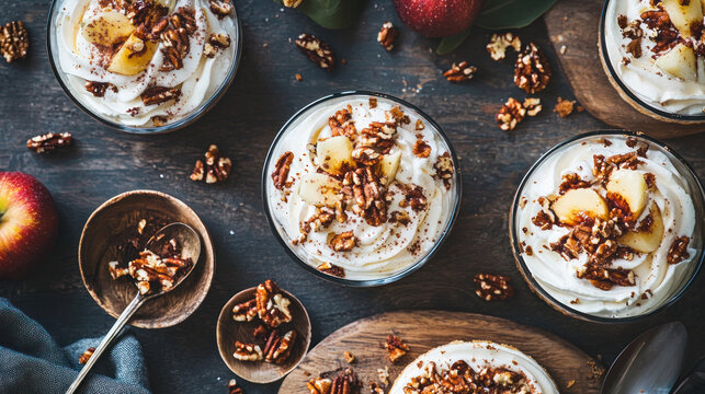 Overhead shot of creamy desserts with fruit and nuts on a dark wooden surface
