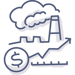 Industrial pollution icon with dollar coin and upward trending graph symbolizing economic growth and environmental impact in a stylized doodle illustration