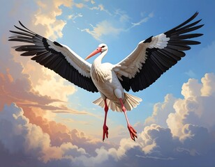 Naklejka premium A large bird with outstretched wings soaring through a bright, cloudy sky