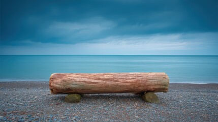 Beach Log Bench, Ocean View, Serene Landscape