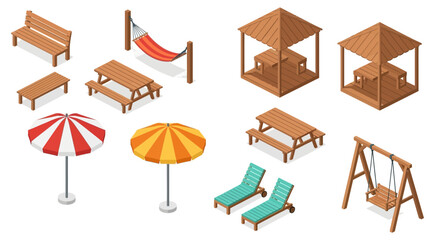 Isometric vector illustration featuring outdoor furniture elements: benches, picnic tables, gazebos, hammocks, beach umbrellas, lounge chairs, and a swing se...