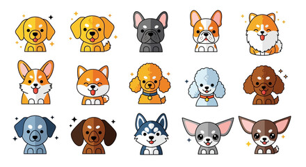 Obraz premium Collection of fifteen cartoon dog breed illustrations in a row, featuring various colors and styles, with sparkling effects.