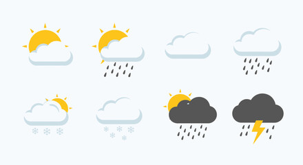 Fototapeta premium A set of eight weather icons depicting sunny, cloudy, rainy, snowy, and stormy conditions in a flat vector style.
