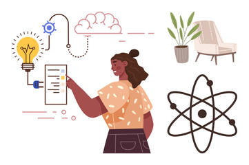 Woman interacting with visual interface, light bulb, cloud network, and atom symbol representing innovation, creativity, and learning. Ideal for education, science, creativity innovation