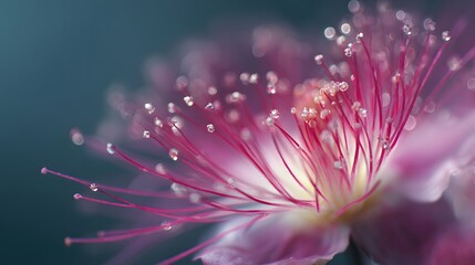 Obraz premium Delicate pink flower stamen covered in tiny sparkling water droplets.