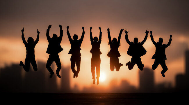 Team Success Celebration, A business team jumps in the air at sunset celebrating victory and shared achievement, symbolizing teamwork, success, and positive energy.