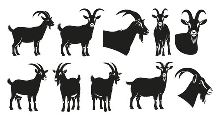 A collection of ten black silhouette illustrations of goats in various poses and angles, including full body and head shots.