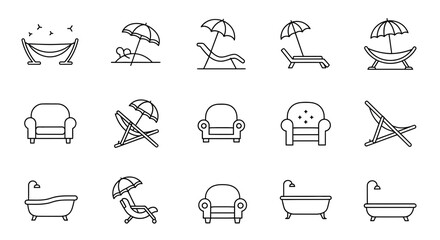 A collection of minimalist line art icons depicting relaxation and leisure, including hammocks, beach chairs with umbrellas, armchairs, and bathtubs.