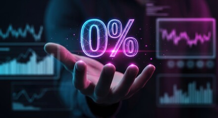 Hand holding floating “0%” holographic symbol, futuristic finance and analytics concept, deep neon blue and magenta lighting