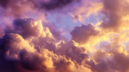 Fototapeta premium Fluffy cumulus clouds are illuminated by warm golden and purple sunset light.