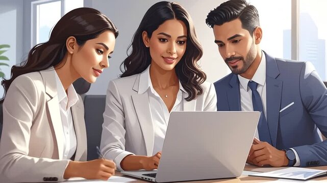 Collaborative business team focused on digital tasks with laptops and office documents