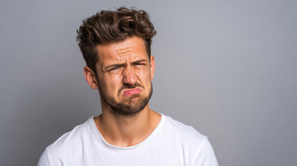 Fototapeta premium Young man with curly hair wearing a white shirt making a grimacing facial expression against a plain grey background expressing discomfort or dislike