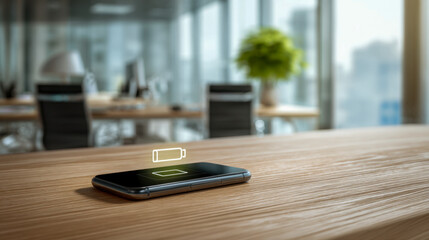 Smartphone on a wooden office desk displaying low battery icon with a blurred modern workspace in the background symbolizing urgent need for charging