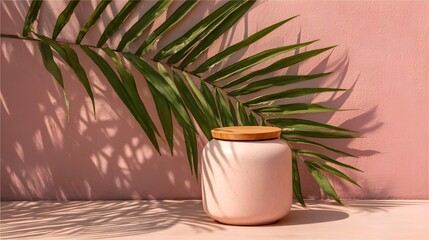 A light pink jar with a wooden lid sits on a surface under a palm frond.