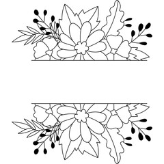 Outline floral arrangement with dashed line borders and space for text overlay on white background elegant botanical design element.