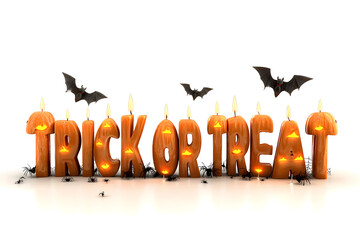 HALLOWEEN 3D carved pumpkin letters glowing with candles, bats, spiders and cobwebs on white. Spooky, Creepy, October vibe &mdash; Trick or Treat, Boo! Happy Halloween clipart.